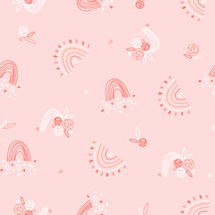 seamless pattern with rainbowa, hearts and flowers in pink and white colors on light pink background