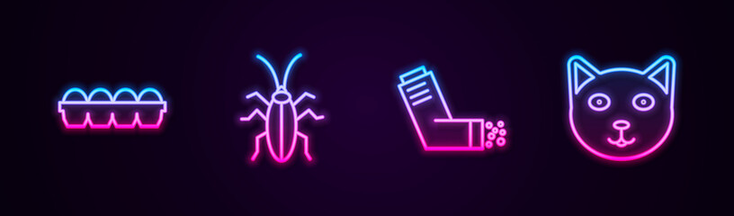 Sticker - Set line Chicken egg in box, Cockroach, Inhaler and Pet. Glowing neon icon. Vector.