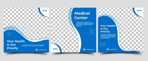Wall Mural - Set of social media post templates for health care and medical. Abstract blue wave shape frame with photo collage. Usable for social media, flyers, banners, and web internet ads.