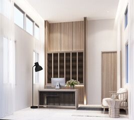 Poster - Working room at home with working table computer and chair book shelf built-in cabinet with living area on white marble tile floor and sheer 3d rendering