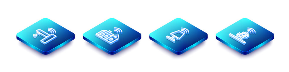 Poster - Set Isometric line Smart water tap, home with wireless, table lamp and Wireless antenna icon. Vector.