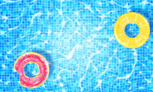 Swimming Pool With Two Floating Rings, Caustic Ripple And Sunlight Glare Effect. Aquatic Surface With Waves Background. Realistic Vector Illustration Of Underwater Bottom Texture, Top View
