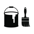 Black paint can and brush logo. Vector illustration liquid color bucket container with paintbrush icon.