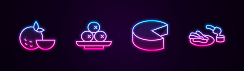 Sticker - Set line Orange fruit, Olives on plate, Cheese and Churros and chocolate. Glowing neon icon. Vector.