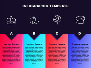 Wall Mural - Set line Crown of spain, Orange fruit, tree and Cheese. Business infographic template. Vector.