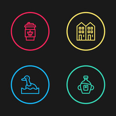 Sticker - Set line Flying duck, Maple syrup, House and Coffee cup to go icon. Vector.