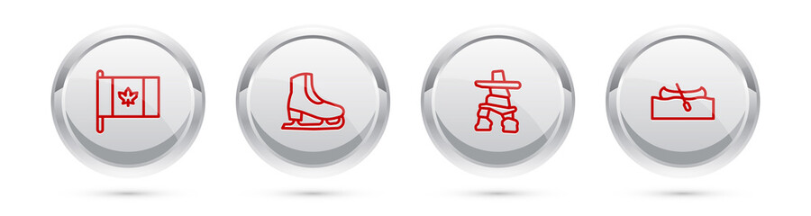 Wall Mural - Set line Flag of Canada, Skates, Inukshuk and Kayak or canoe. Silver circle button. Vector.