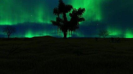 teenagers riding bikes with tree and aurora borealis sky in the background