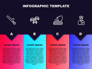 Poster - Set line Police rubber baton, Traffic jam, Lying burning tires and officer. Business infographic template. Vector.