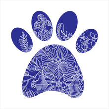 Silhouette Of Blue Dog Paws With Doodle Abstract Flowers And Leaves. Vector Illustration, Zentangle Concept.