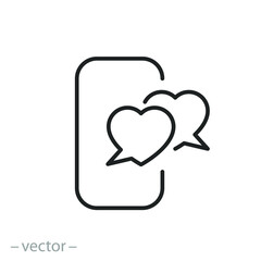 Wall Mural - love chat icon, couple hearts as phone message, communication lovers, thin line symbol on white background - editable stroke vector illustration