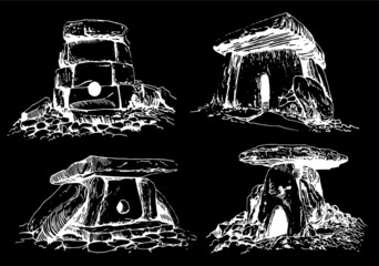 Graphical set of dolmens on black background,vector ruins	
