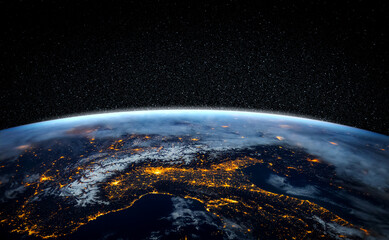Wall Mural - planet earth globe view from space showing realistic earth surface and world map as in outer space p