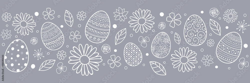 Easter banner with hand drawn eggs and flowers. Vector - obrazy, fototapety, plakaty 