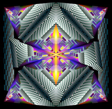 Fantasy Psychedelic Illustration. Abstract Checkerboard Shapes On Black Background. Digital Generated Geometric Ornament. Stylized Kaleidoscope Pattern. Trip Out Of Depression.