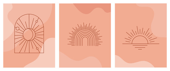 Poster - Bohemian linear logos, icons and symbols, sun design templates, terracotta geometric abstract design elements for decoration. 