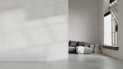 Poster - Large living room loft, sunny interior, empty wall mock up. 3D render. 3D illustration.