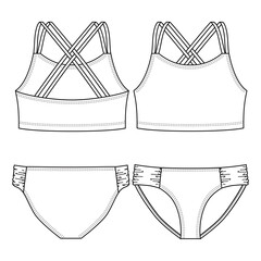 Wall Mural - Girls Swimwear Bikini fashion flat sketch template. Technical Fashion Illustration. Strap overlapping Detail
