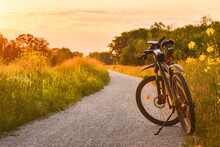 The Mountain Bike Stands On A Gravel Bike Path Among Green Vegetation Illuminated By The Rays Of The Setting Sun.
