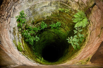 A well built of stone, deep and dry, covered with moss.