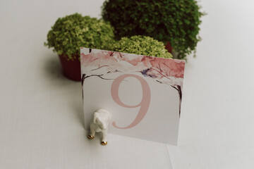 wedding table decoration with a 9 on white and green bushes background