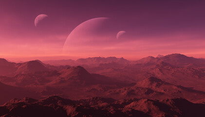 3d rendered space art: alien planet - a fantasy landscape with red skies and planets