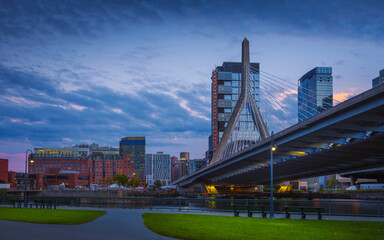 Wall Mural - Boston Skyline Nightscape with Suspension Bridge over the Green River Bank