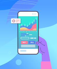 Poster - businessperson analyzing statistical information charts and graphs on smartphone screen data analysis process digital marketing planning company strategy concept vertical vector illustration