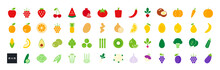 Set Of Vector Flat Color Icons. Vegetables, Fruits And Berries Isolated On White. Modern Design. Healthy Food And Vitamins