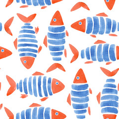 Beautiful vector fashinable seamless pattern with cute watercolor fish. Stock design illustration.