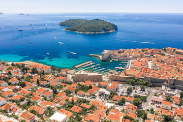 Wall Mural - Aerial drone shot of Otok Lokrum in Adriatic sea near Dubrovnik old town in Croatia summer noon