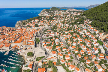 Wall Mural - Aerial drone shot of east gate part of Dubrovnik old town in Croatia summer morning