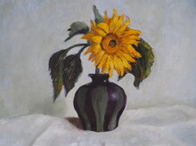 Sunflower In A Vase On A Light Background. Oil Painting.