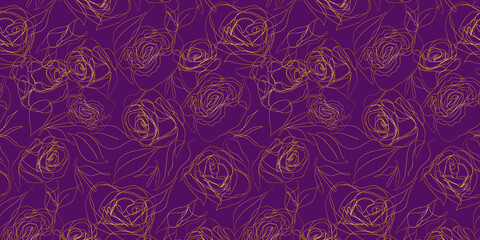  Luxurious gold and rose purple vector background. Floral seamless pattern, golden plant line art. Modern vector illustration. For gift wrapping, textile, wallpaper, scrubbing, web page lights, fill