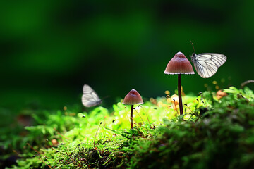 Wall Mural - butterfly on mushroom in the forest, magic picture macro photo, seasonal landscape spring in the park