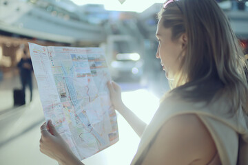 Wall Mural - tourists in the city with a map, trip travel city map tourism