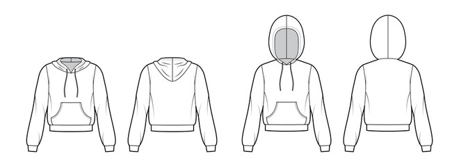 Set of Hoody sweatshirt technical fashion illustration with elbow long sleeves, relax body, kangaroo pouch, banded hem. Flat apparel template front, back, white color. Women, men, unisex CAD mockup