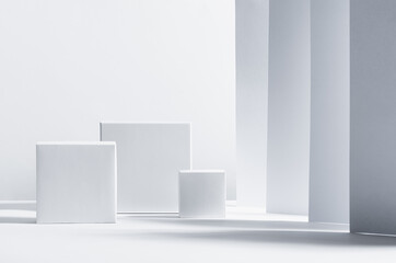 Poster - white square podiums in sunlight with shadow on white striped perspective background. trend fashion 