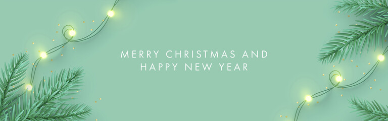 Wall Mural - merry christmas and happy new year banner. xmas background design with realistic pine tree branches 