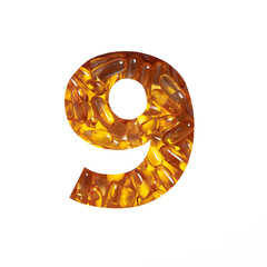 Wall Mural - Omega vitamins supplement. Number nine made of fish oil pills and paper cut in shape of ninth numeral on white