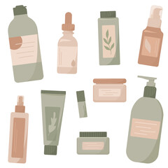 Collection of cosmetics. A set of tube with cream, hair oil, moisturizing cream, sleep, lipstick. Skin care products. Vector flat illustration.