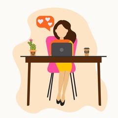 Schoolgirl do homework on a laptop at home. Vector illustration of a woman on a light background in a flat style