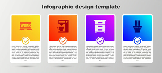 Poster - Set Laptop with text work, Coffee machine, Drawer documents and Cactus and succulent pot. Business infographic template. Vector.