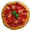 © pavel siamionov - Pepperoni Pizza with Mozzarella cheese, salami, pepper, Spices and Fresh basil. Italian pizza isolated on white background. with copy space. top view