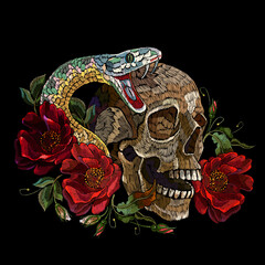 Wall Mural - Embroidery human skull, snake and red roses flowers. Medieval kings, fairy tale. Fashion clothes template and t-shirt design. Dark gothic halloween art