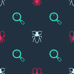 Sticker - Set Insect fly, Cockroach and Magnifying glass on seamless pattern. Vector.