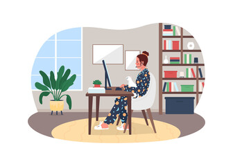 Fototapete - Freelancer in pajamas 2D vector web banner, poster. Remote employee at desk with cat flat characters on cartoon background. Home office benefits printable patch, colorful web element