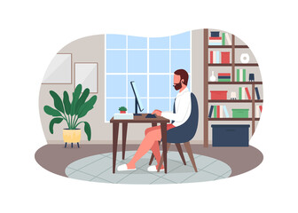 Fototapete - Online work meeting 2D vector web banner, poster. Remote worker with no pants flat character on cartoon background. Benefit of distant workplace printable patch, colorful web element