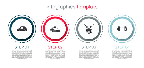 Canvas Print - Set Toy car, building block bricks, Drum with drum sticks and Portable video game console. Business infographic template. Vector.