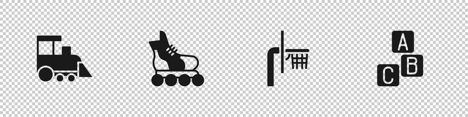 Sticker - Set Toy train, Roller skate, Basketball backboard and ABC blocks icon. Vector.